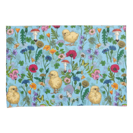 Kippen en wilde bloemen op baby blauw kussensloop (Voorkant-Rechts)
