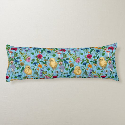 Kippen en wilde bloemen op baby blauw lichaamskussen (Achterkant)