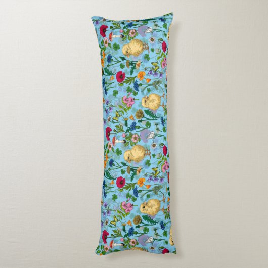Kippen en wilde bloemen op baby blauw lichaamskussen (Achterkant (Verticaal))