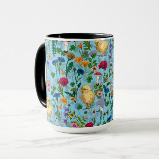 Kippen en wilde bloemen op baby blauw mok (Voorkant links)