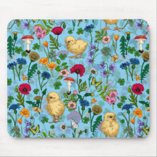 Kippen en wilde bloemen op baby blauw muismat
