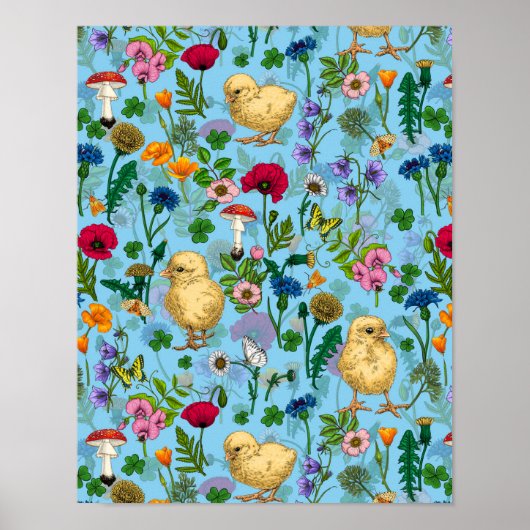 Kippen en wilde bloemen op baby blauw poster (Voorkant)