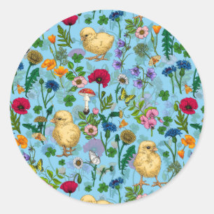 Kippen en wilde bloemen op baby blauw ronde sticker