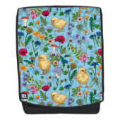 Kippen en wilde bloemen op baby blauw rugtassen (Voorkant)