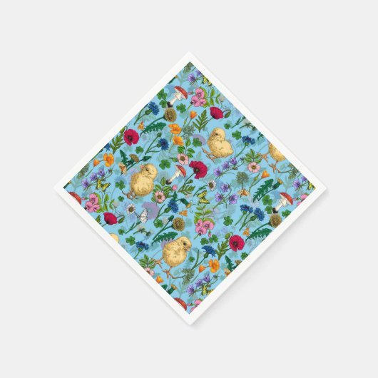 Kippen en wilde bloemen op baby blauw servet (Hoek)