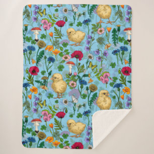 Kippen en wilde bloemen op baby blauw sherpa deken