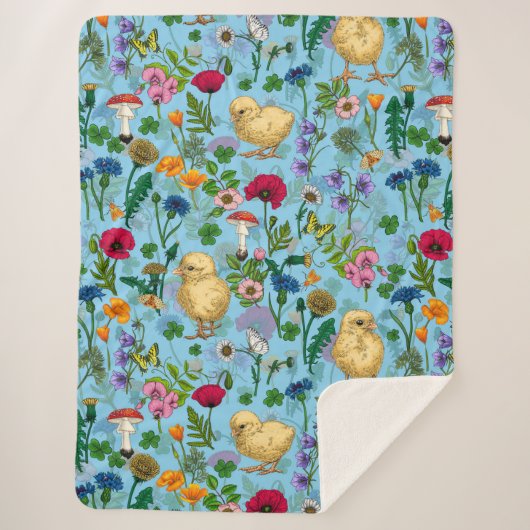 Kippen en wilde bloemen op baby blauw sherpa deken (Voorkant)