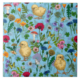 Kippen en wilde bloemen op baby blauw tegeltje