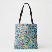 Kippen en wilde bloemen op baby blauw tote bag (Voorkant)