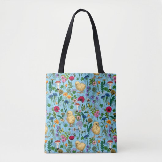 Kippen en wilde bloemen op baby blauw tote bag (Voorkant)