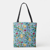 Kippen en wilde bloemen op baby blauw tote bag (Achterkant)