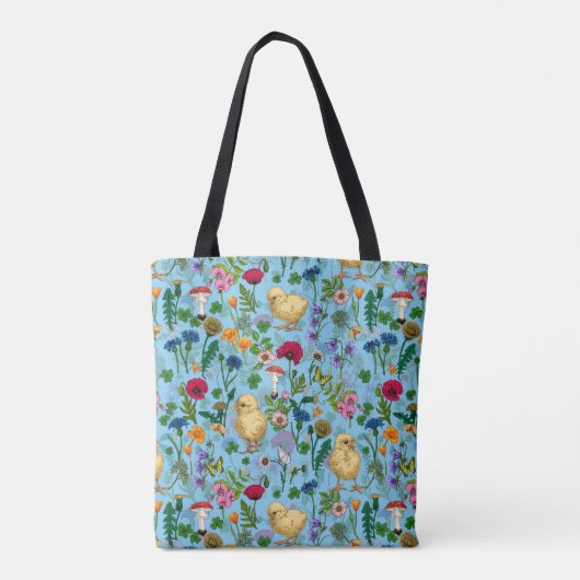 Kippen en wilde bloemen op baby blauw tote bag (Achterkant)