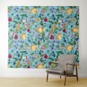 Kippen en wilde bloemen op baby blauw wandkleed (In Situ (horizontaal))