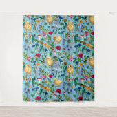 Kippen en wilde bloemen op baby blauw wandkleed (Voorkant)