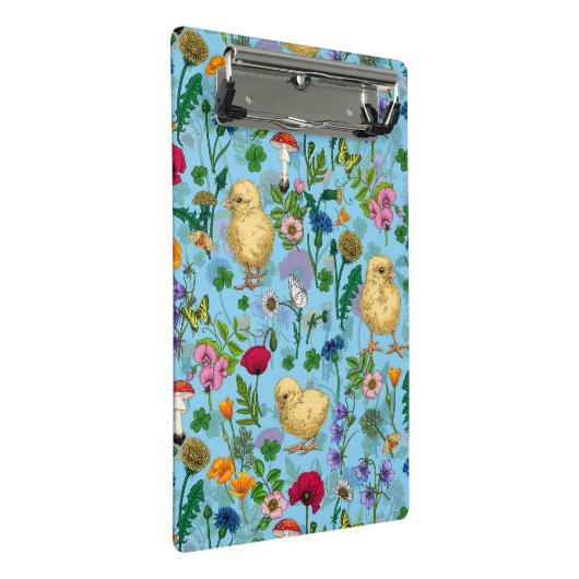 Kippen en wilde bloemen op baby blueHand-getrokken Mini Klembord (Schuin)