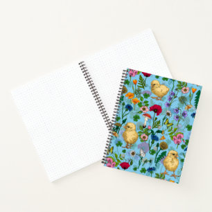 Kippen en wilde bloemen op baby blueHand-getrokken Notitieboek