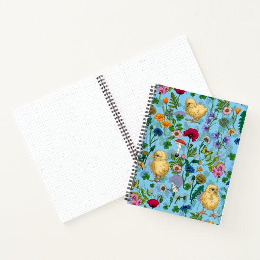 Kippen en wilde bloemen op baby blueHand-getrokken Notitieboek (Binnen)
