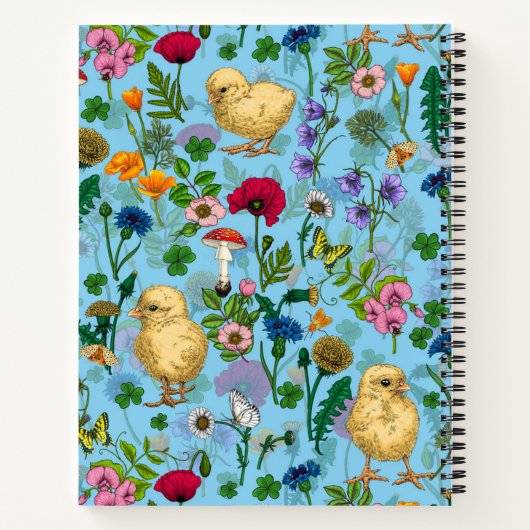 Kippen en wilde bloemen op baby blueHand-getrokken Notitieboek (Achterkant)