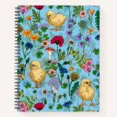 Kippen en wilde bloemen op baby blueHand-getrokken Notitieboek (Voorkant)