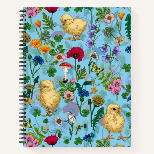 Kippen en wilde bloemen op baby blueHand-getrokken Notitieboek (Voorkant)