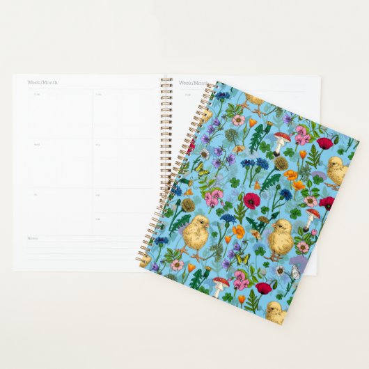 Kippen en wilde bloemen op baby blueHand-getrokken Planner (Display)