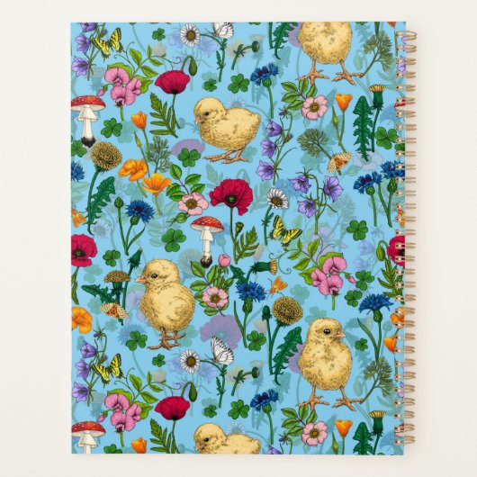 Kippen en wilde bloemen op baby blueHand-getrokken Planner (Achterkant)
