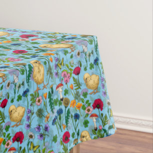 Kippen en wilde bloemen op baby blueHand-getrokken Tafelkleed