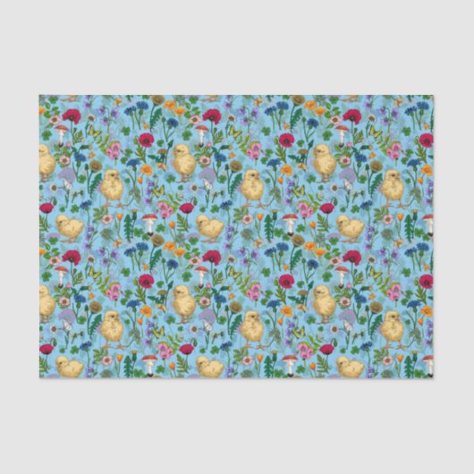 Kippen en wilde bloemen op baby blueHand-getrokken Tissuepapier (Voorkant)
