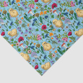 Kippen en wilde bloemen op baby blueHand-getrokken Tissuepapier (Detail)