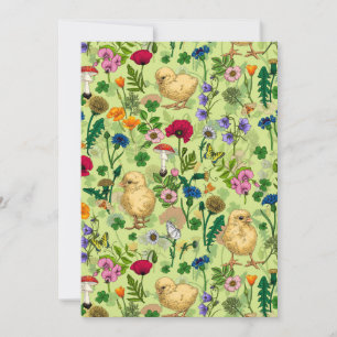 Kippen en wilde bloemen op honing dauwgroen