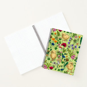 Kippen en wilde bloemen op honing dauwgroen notitieboek