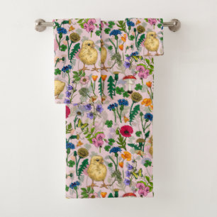 Kippen en wilde bloemen op katoenen snoep roze bad handdoek
