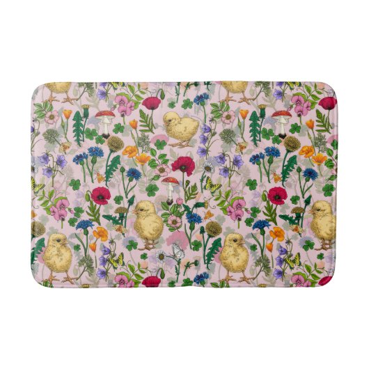 Kippen en wilde bloemen op katoenen snoep roze badmat (Voorkant)