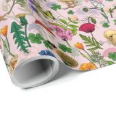 Kippen en wilde bloemen op katoenen snoep roze cadeaupapier (Rol Hoek)