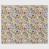 Kippen en wilde bloemen op katoenen snoep roze cadeaupapier (Vlak)