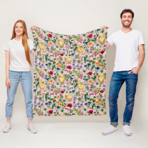 Kippen en wilde bloemen op katoenen snoep roze fleece deken