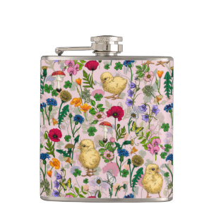 Kippen en wilde bloemen op katoenen snoep roze heupfles