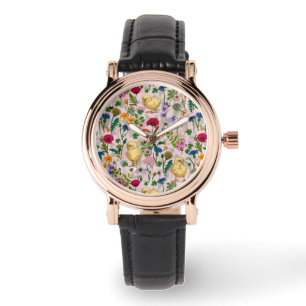 Kippen en wilde bloemen op katoenen snoep roze horloge