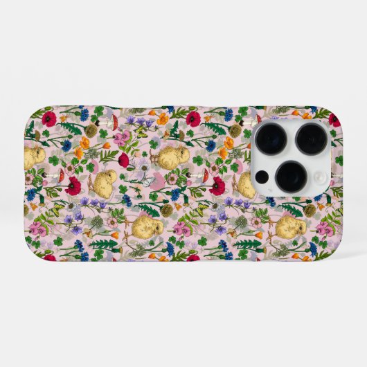 Kippen en wilde bloemen op katoenen snoep roze iPhone hoesje (Achterkant horizontaal)