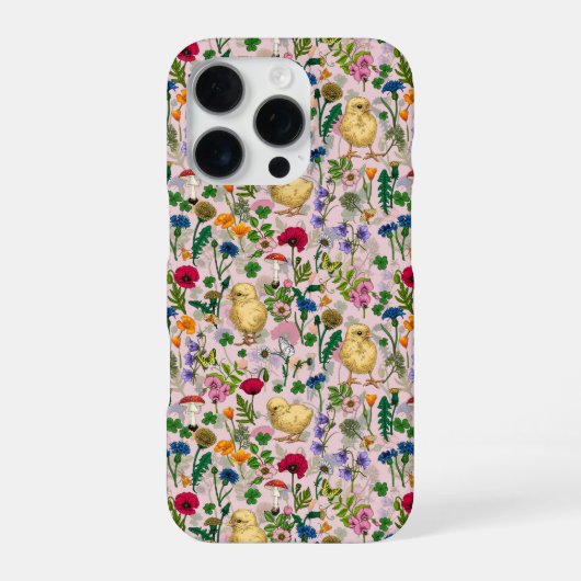 Kippen en wilde bloemen op katoenen snoep roze iPhone hoesje (Achterkant)