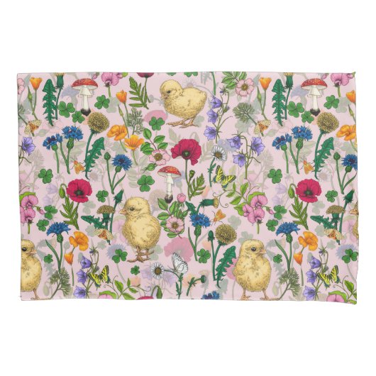 Kippen en wilde bloemen op katoenen snoep roze kussensloop (Voorkant-Links)