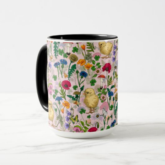 Kippen en wilde bloemen op katoenen snoep roze mok (Voorkant links)