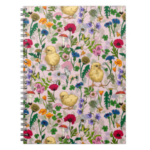 Kippen en wilde bloemen op katoenen snoep roze notitieboek