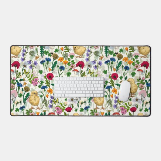 Kippen en wilde bloemen op wit bureaumat (Keyboard & Muis)