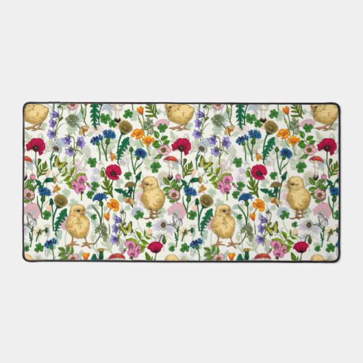Kippen en wilde bloemen op wit bureaumat (Voorkant)