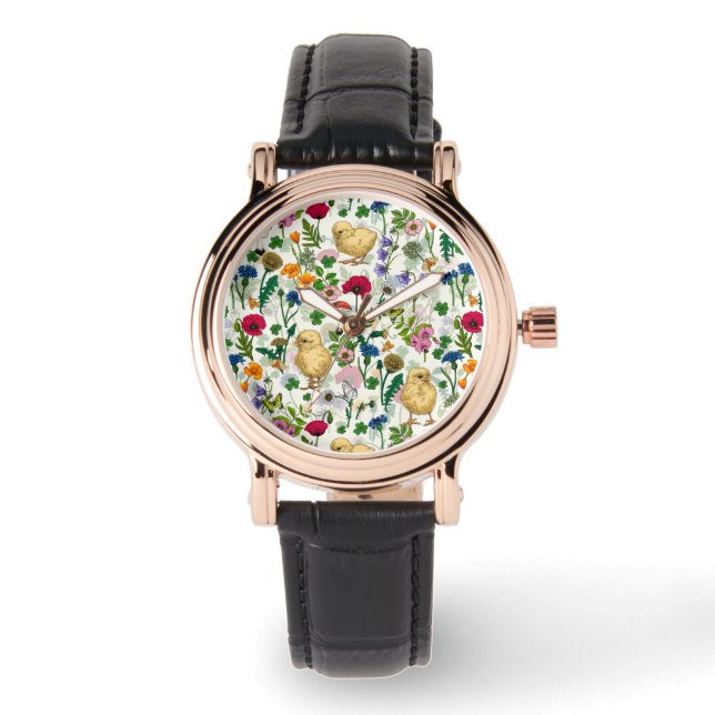 Kippen en wilde bloemen op wit horloge (Voorkant)