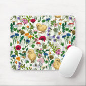 Kippen en wilde bloemen op wit muismat (Met muis)