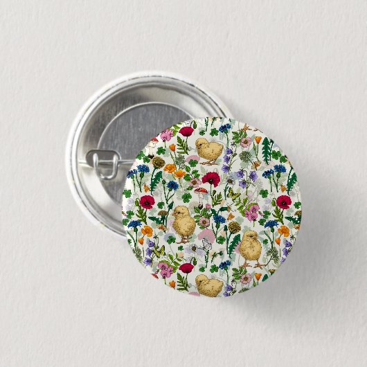 Kippen en wilde bloemen op wit ronde button 3,2 cm (Voorkant /achterkant)