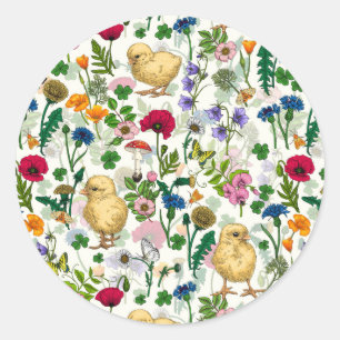 Kippen en wilde bloemen op wit ronde sticker