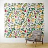 Kippen en wilde bloemen op wit wandkleed (In Situ (horizontaal))